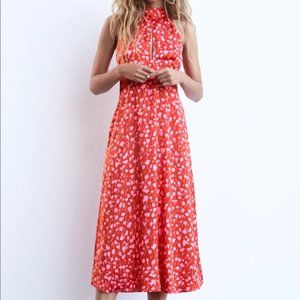ZARA Red Satin Midi Dress Halter Neck XL